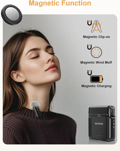 Vista 3 de BILIWAL Micrófono Lavalier inalámbrico para iPhone/Android/Laptop con protector de viento magnético/parche/clip, mini micrófono con reducción