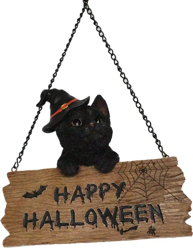Vista 4 de Ebros Adorable gatito negro realista con sombrero de bruja sosteniendo Happy Halloween tablón letrero rama pared colgante figura Halloween brujas