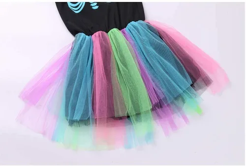 Vista 6 de LMYOVE Disfraz de esqueleto para niñas, vestido tutú de Helloween Funky Punk Bones para niñas