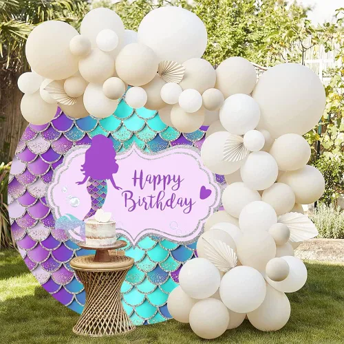 Vista 5 de Yeele Telón de fondo redondo de 5 x 5 pies con diseño de sirenita para niñas, fiesta de sirena bajo el mar, purpurina azul y morado con escamas