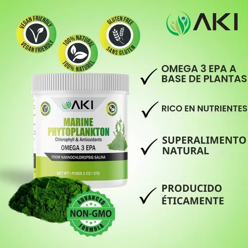 Vista 4 de AKI Marine Phytoplancton Powder - Omega3, vitamina B, clorofila 2oz/57g Fuente de nanocloropsis de microalgas crudas omega-3 EPA, proteínas a base