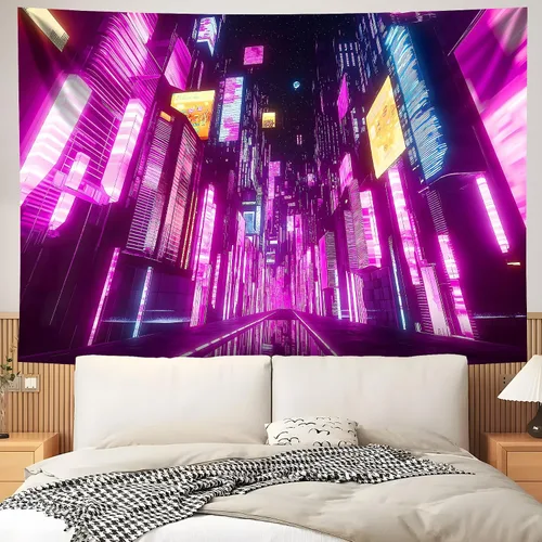 Vista 4 de NYZE Tapiz de luz negra de ciudad, tapiz de anime japonés, juego punk, fantasía, vista nocturna, paisaje urbano, arte futurista, neón, tapices