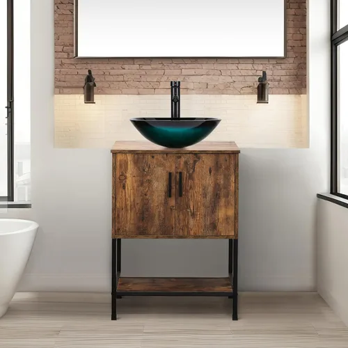 Vista 34 de UEV Juego de tocador de baño antiguo de 24 pulgadas, color marrón oscuro con lavabo, armario de baño de madera de hierro con grifo de temperatura
