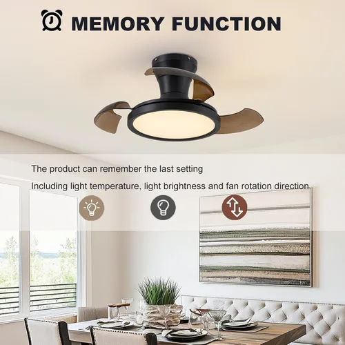 Vista 2 de Ventilador de techo retráctil moderno de 71 cm con luz, control remoto, regulable, 6 velocidades, reversible, pequeña luminaria de techo, sin aspas