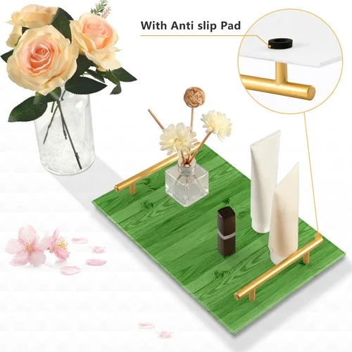 Vista 4 de Bandeja decorativa de barra con textura de madera verde a rayas con asas, bandeja de cama de desayuno para joyería, perfume para sofá, bandejas