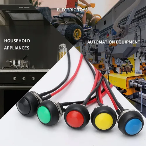 Vista 7 de STARELO 6 interruptores de botón momentáneos de 0.472 in, mini interruptor redondo impermeable SPST 3A 125V AC 2Pin 1NO con cable pre-soldado Negro