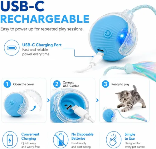Vista 3 de Pelota de juguete interactiva para gatos con luces LED – Teaser automático recargable USB-C para gatos y gatitos de interior, divertido juguete