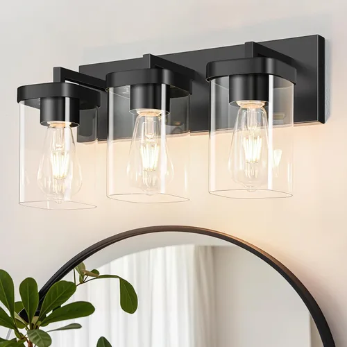 Vista 13 de Lámparas de baño de 3 luces sobre espejo, luces de tocador de níquel cepillado con pantalla cuadrada de vidrio transparente. Moderna lámpara