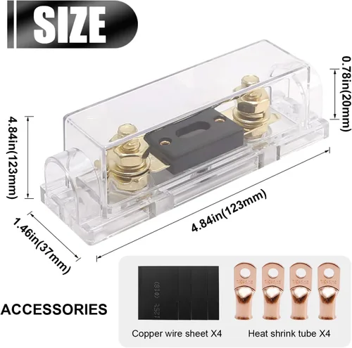 Vista 7 de Soporte de fusible ANL de 200 amperios de audio para automóvil, bloque de fusibles ANL calibre 0/2/4 AWG en línea con fusible de batería de 200 A