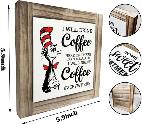 Vista 2 de Letrero de placa de madera con texto en inglés «I will Drink Coffee Everywhere», caja de madera decorativa de escritorio, placa rústica de madera