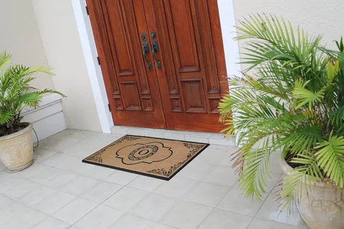 Vista 4 de A1HC - Felpudo con monograma de fibra de coco natural para entrada exterior, resistente y antidesprendimientos, duradero, perfil delgado, fácil