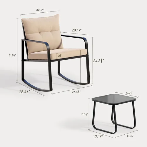 Vista 3 de Gizoon, Juego de 3 piezas de sillas mecedoras estilo bistró, muebles de patio de acero negro, juego de sillas para el porche con mesa de café