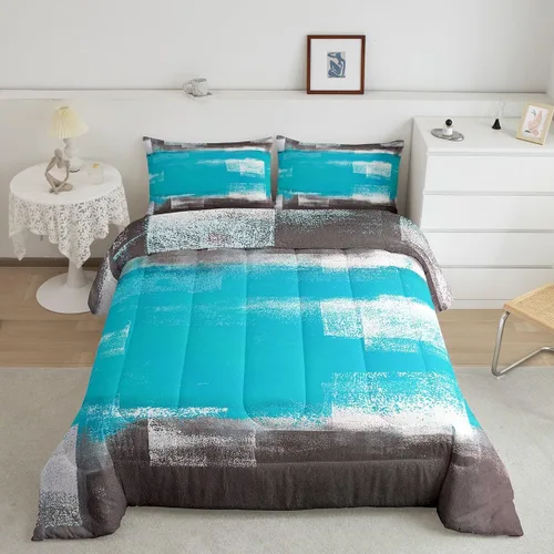 Vista 11 de Erosebridal - Juego de ropa de cama con edredón a cuadros de retazos tamaño individual, aguada geométrica en cuadrícula, conjunto retro grunge