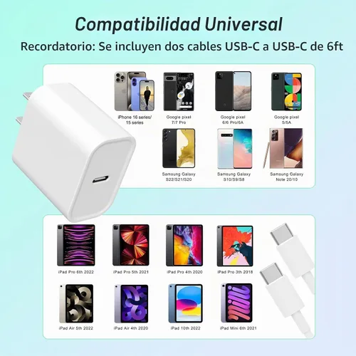 Vista 6 de Cargador para iPhone, paquete de 2 bloques de carga rápida USB C de 20 W con 2 cables USB-C a C de 6 pies para iPhone 17 16 15 Plus/Pro/Pro Max/iPad