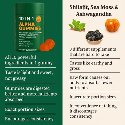 Vista 5 de Gomitas True Alpha Shilajit 10 en 1, 4000 mg de gomitas alfa del Himalaya para hombres, impulso de energía, apoyo inmunológico, con ashwagandha