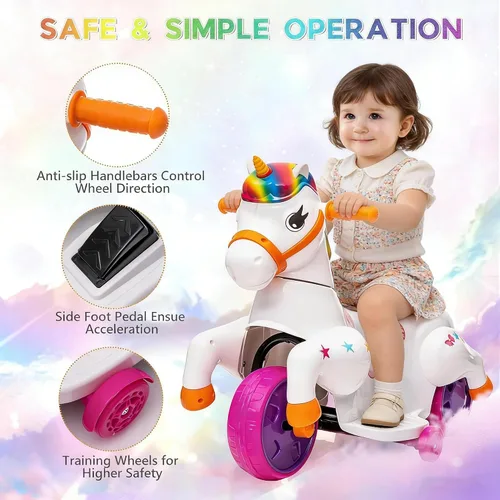 Vista 5 de Juguete de paseo en coche para niños pequeños TOBBI Juguete de paseo en unicornio para niños y niñas de 3 ruedas, motocicleta eléctrica para niños