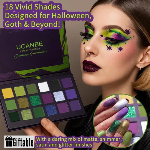 Vista 2 de Paleta de Sombras de Ojos Gótica Verde Morada - 18 Colores Mate Brillante Metálico Brillante y Oscuro Sombras de Ojos Góticas Ahumadas