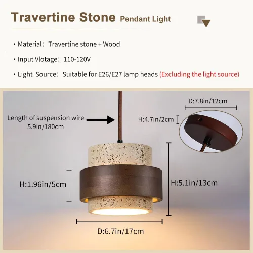 Vista 5 de Wabi-Sabi - Colgante de piedra natural nórdica con diseño de cueva amarilla clara con diseño de piedra de madera, luz vintage de travertino