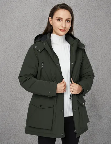 Vista 7 de Wenven Abrigos de invierno impermeables para mujer, chaquetas acolchadas gruesas y cálidas con capucha desmontable Verde militar