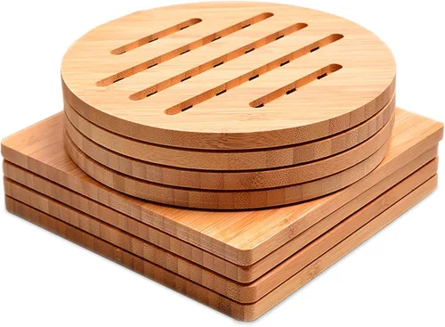 Vista 8 de Juego de salvamanteles de bambú para cocina, almohadillas calientes de bambú para platos calientes/cuencos/tetera/soportes para ollas calientes