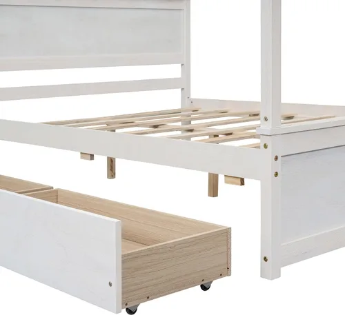 Vista 9 de Cama de plataforma de tamaño matrimonial, cama con dosel de madera con 2 cajones, cama de plataforma con dosel de tamaño matrimonial con listones