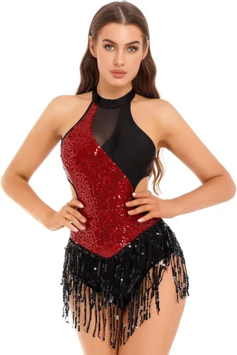 Vista 2 de Xnihocha Body de lentejuelas brillantes con flecos, leotardo sexy con borlas, traje de baile de jazz, vestido de una pieza para actuación en escen