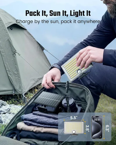Vista 2 de Mini luces solares para exteriores con sensor de movimiento, 170 luces LED solares de inundación al aire libre del atardecer al amanecer con cable