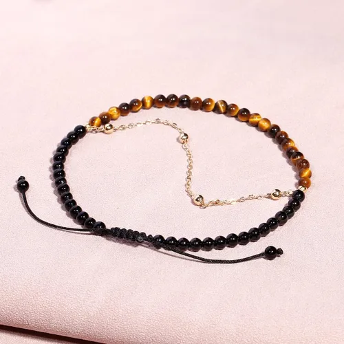 Vista 6 de Jewever Pulsera tobillera con diseño de ojo de tigre en capas y ágata negra para mujer, cadena chapada en oro de 14 quilates, antiansiedad, yoga
