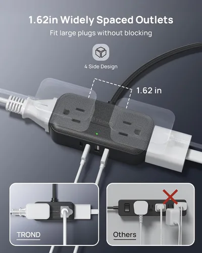 Vista 5 de TROND Regleta de alimentación de enchufe plano de 3 pies, cable de extensión plano pequeño con múltiples tomas, 4 puertos de CA y 4 puertos USB