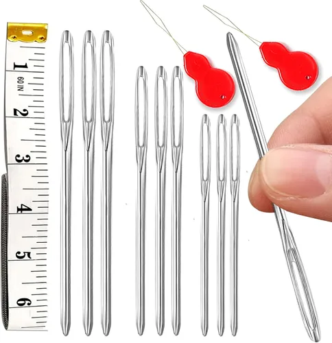 Vista 8 de 9 piezas/3 tamaños de agujas romas de ojos grandes, cinta métrica flexible doble, aguja de hilo de acero con enhebrador, aguja de tapiz para coser
