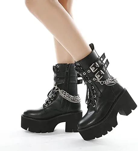 Vista 6 de Botas al tobillo para mujer, plataforma de tacón grueso, botas góticas de invierno, punta redonda, bloque atado en la mitad de la pantorrilla