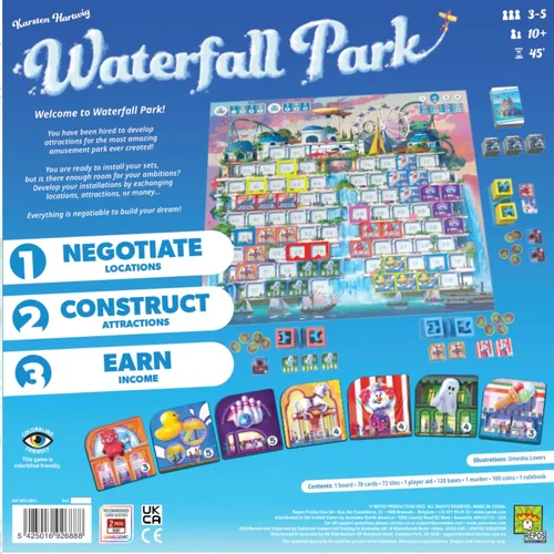 Vista 2 de Juego de mesa Waterfall Park: ¡construye el mejor parque de atracciones! Juego de estrategia, divertido juego familiar para niños y adultos, a