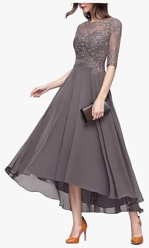 Vista 2 de Vestido de la madre de la novia de la longitud del té con la manga de encaje apliques gasa formal vestidos de fiesta de noche para las mujeres LD095