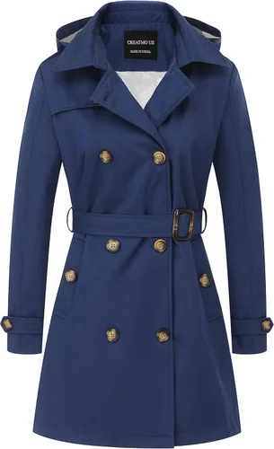 Vista 20 de CREATMO US Gabardina para mujer con doble botonadura clásica con solapa, con cinturón y capucha desmontable Albaricoque