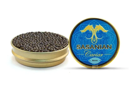 Vista 2 de Caja de regalo de Osetra importada real de 1 oz + cuchara de nácar y Blini