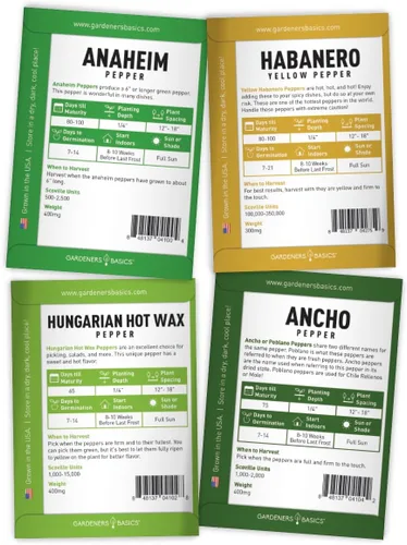 Vista 6 de Gardeners Basics, Semillas de pimiento para plantar 8 variedades, Jalapeño, Habanero, Pimiento, Cayena, Cera caliente húngara, Anaheim, Serrano