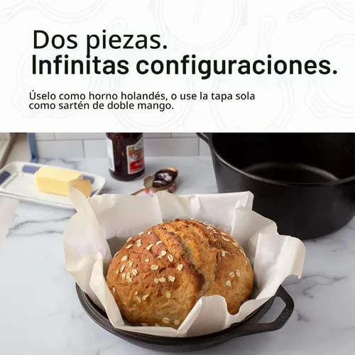 Vista 3 de Horno holandés doble y cacerola con cubierta que se puede usar como sartén. Producto Lodge L8DD3 de 5 cuartos, Cast Iron Horno holandés de hierro