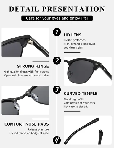 Vista 141 de AEVOGUE Gafas de sol polarizadas para mujeres y hombres semi marco retro gafas de sol AE0369