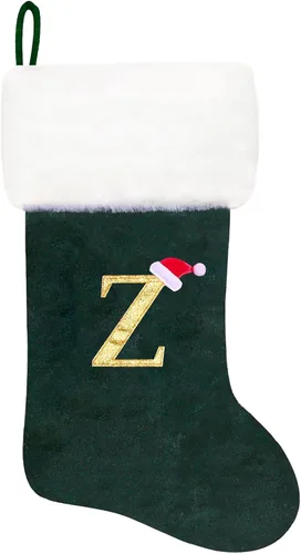 Vista 11 de Calcetines de Navidad bordados de 20 pulgadas con monograma, terciopelo negro con puño de felpa blanca supersuave, adornos clásicos para decoración