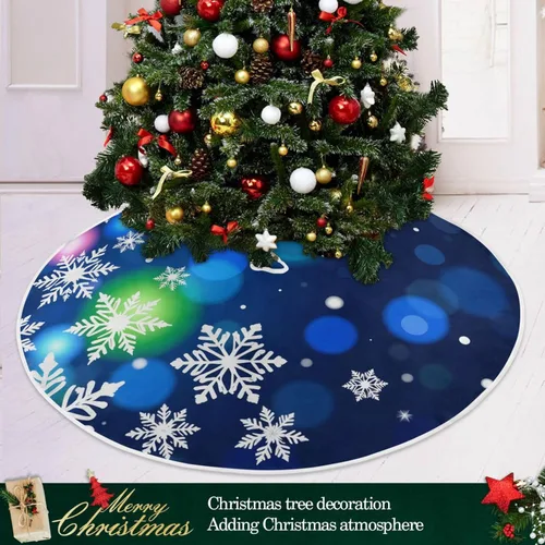Vista 6 de ALAZA Decoración de falda de árbol de Navidad, pequeño adorno de falda de árbol de 35.4 pulgadas con copos de nieve azules con purpurina navideña