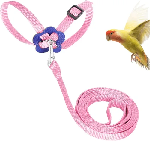 Vista 10 de Arnés y correa para pájaros, 47.2 in para mascotas, cuerda de entrenamiento ajustable de nailon antimordeduras para loro volador al aire libre