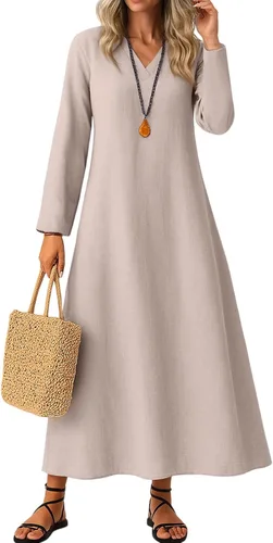 Vista 13 de Vestido de lino de algodón para mujer, de manga larga, holgado, ligero, básico, con cuello en V, vestido largo y modesto