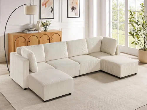 Vista 27 de Sofá biplaza de 66.9 pulgadas, sofá cama modular convertible de 2 plazas de pana, moderno juego de sofá combinado gratuito para sala de estar y Beige
