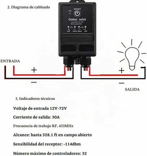 Vista 2 de Interruptor de relé de control remoto impermeable, interruptor remoto inalámbrico de 328 pies de largo alcance, interruptor de control remoto de 12