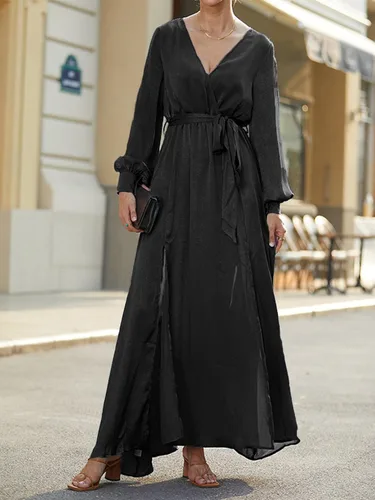 Vista 6 de LYANER Elegante vestido largo con cuello en V y cinturón de cintura y manga larga para mujer