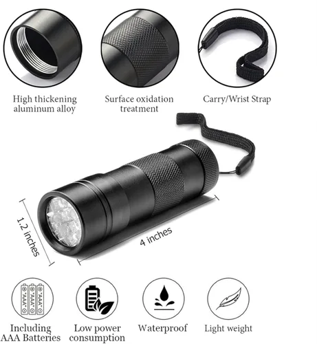 Vista 6 de JOR Mini linterna UV con pilas AAA, detector de manchas de mascotas