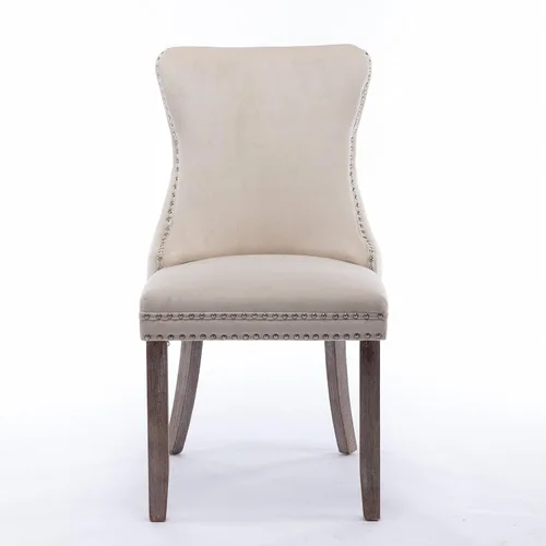 Vista 3 de Silla de comedor tapizada de terciopelo con respaldo de ala y patas de madera marrón, decoración de remaches, silla auxiliar moderna de mediados