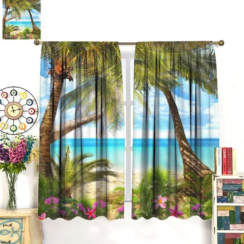 Vista 3 de Cortinas de playa con estampado de plantas tropicales y árboles de coco, paisaje natural, con bolsillo para barra, 2 paneles, decoración