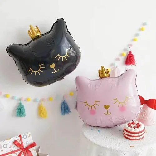 Vista 6 de Globos gigantes de gato de 22 pulgadas, adorable corona negra, gatito, blanco, globos para decoración de fiesta de cumpleaños con temática de 4 gato