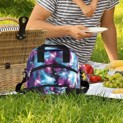 Vista 2 de Pardick Bolsa de almuerzo aislada con diseño de galaxia colorida para mujeres y hombres y adultos, con purpurina, grande, hielera, térmica A01